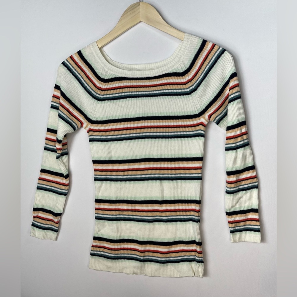 Moth Anthropologie Colorful Stripe Ribbed Crewneck Long Sleeve Sweater Top Sz Sm
